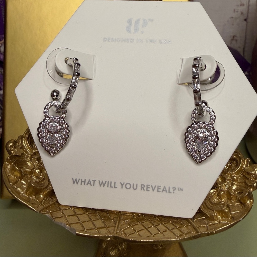 Bomb Party Rhodium & Diamond CZ Heart Drop charms and hoop Earrings